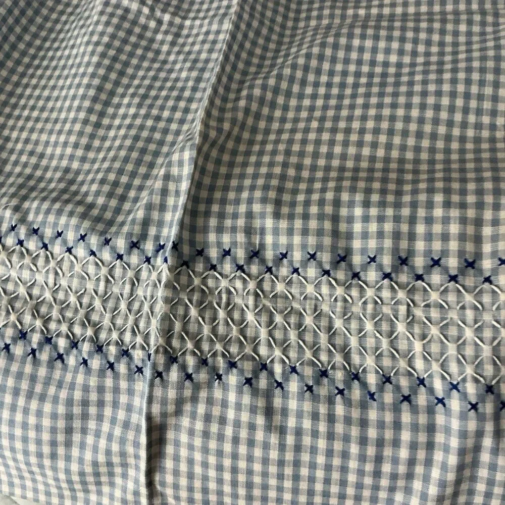 Vintage Handmade Blue Gingham Half Apron Embroidered 2 Pocket 70” Waist Tie
